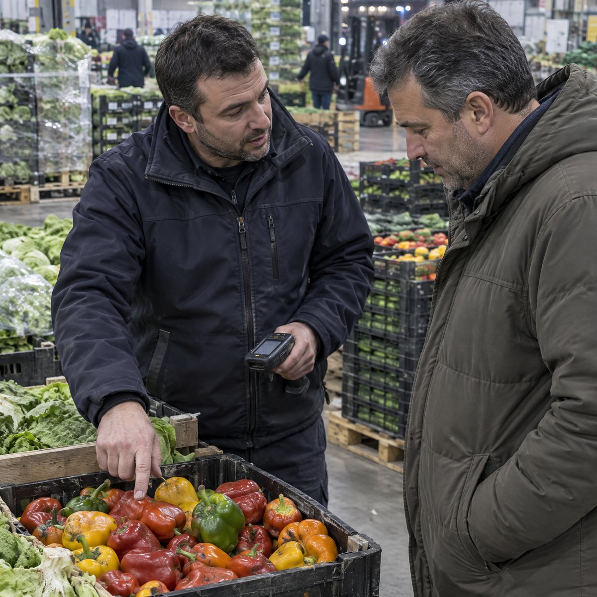 Verkäufer zeigt einem Kunden in der Großmarkthalle eine Kiste Paprika